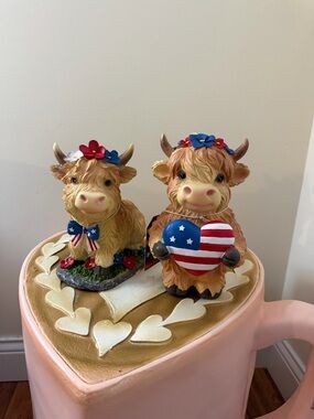 Set of 2 Stars & Stripes Resin 4th of July Red, White & Blue Highland Cows